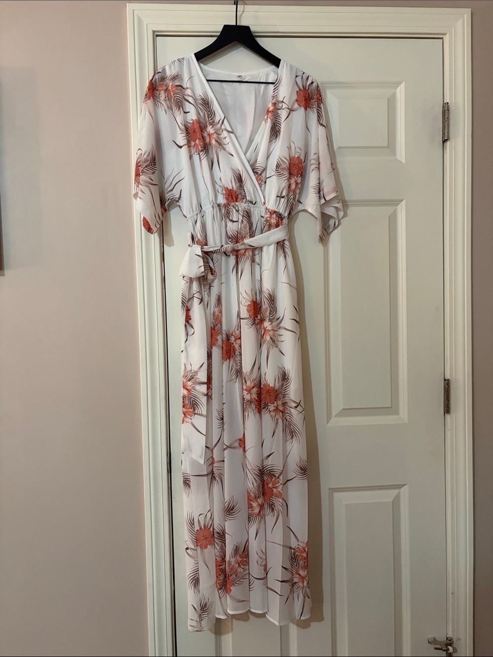 Women’s White Maxi Wrap Dress with Coral Floral Print